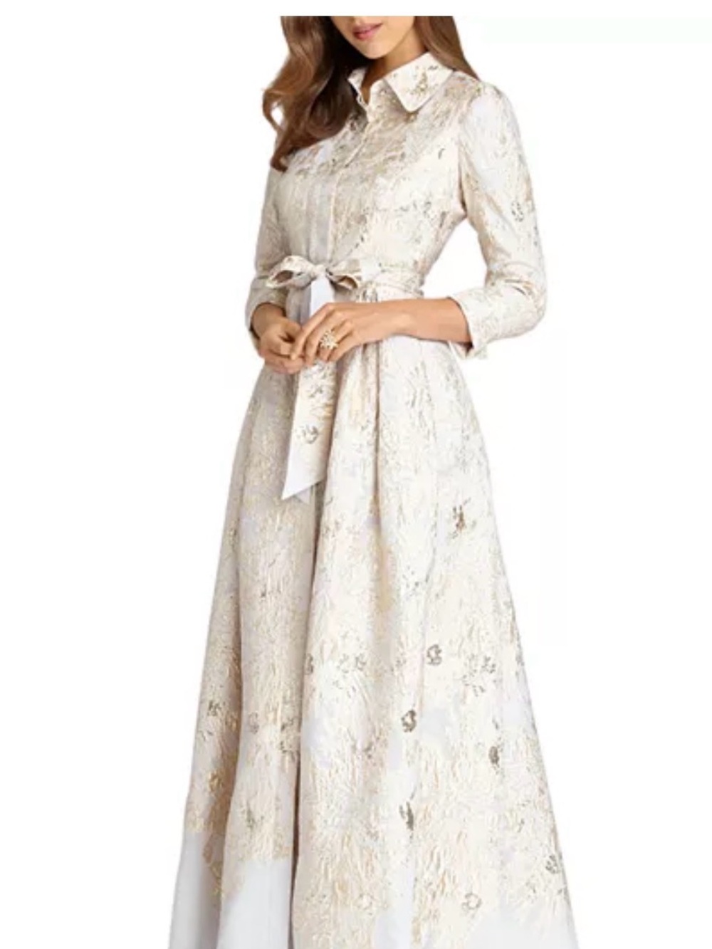 Rickie Freeman for Teri Jon Cream Metallic Brocade Maxi Shirt Dress